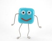 Turquoise blue funny smiley face magnet, fused glass, with super strong magnet