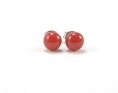 Rich red fused glass stud earrings with surgical steel earring posts, blood red