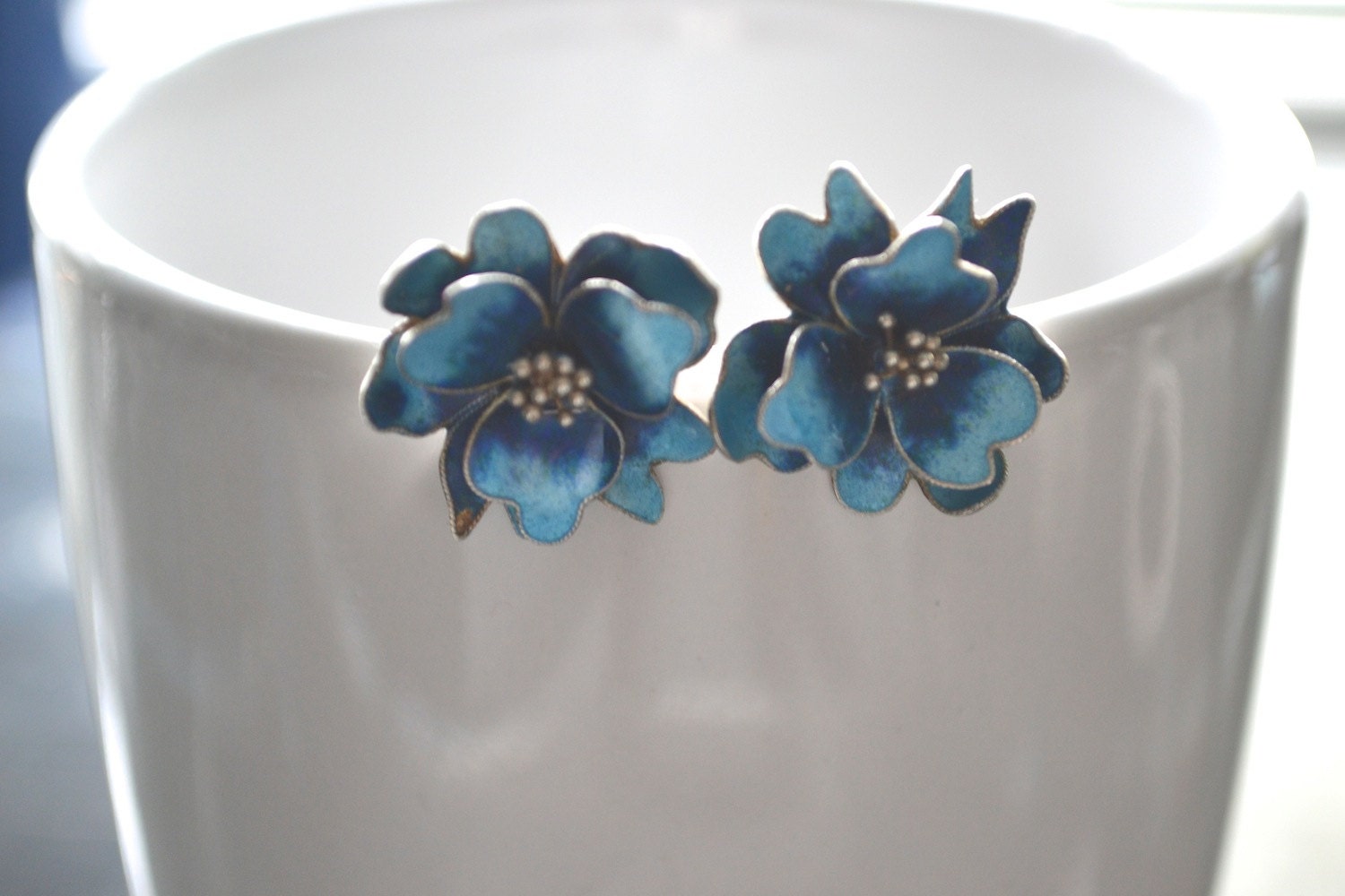 Vintage 925 Silver Blue Ombre Enamel 3D Flower Earrings