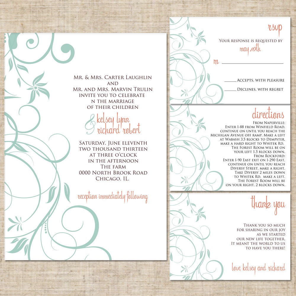 Printable 4 Piece  Wedding Invitation Suite, RSVP Card Reply Card, Thank You Card, Enclosure Card, Pick Your Colors, DIY DIY Digital Files