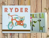 5" x 5" Custom Wall Art WOOD BLOCK for Child's Room or Nursery - An Owl & His Tricycle