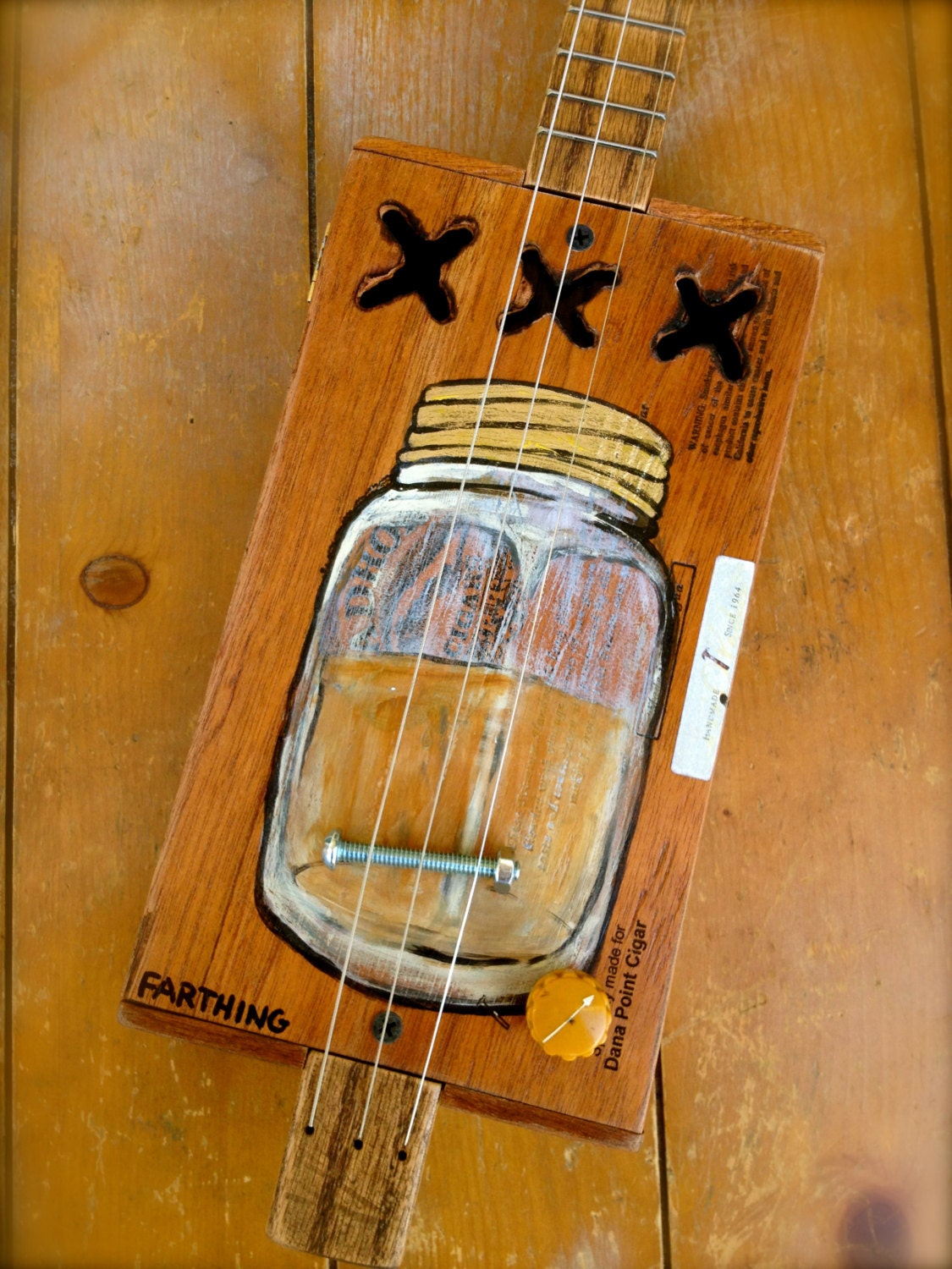 Cigar Box Guitar - Three String FRETTED Electric GUITAR..."Half Drank, Half Drunk"