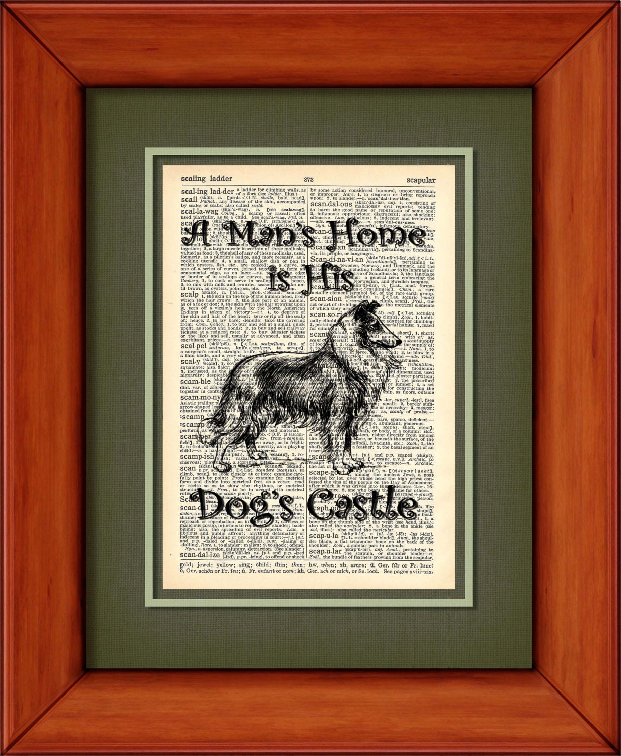 Dictionary Art Print - Mans Home is Dogs Castle - Collie - 6 3/4" x 9 3/4" - Art Print on Upcycled Page