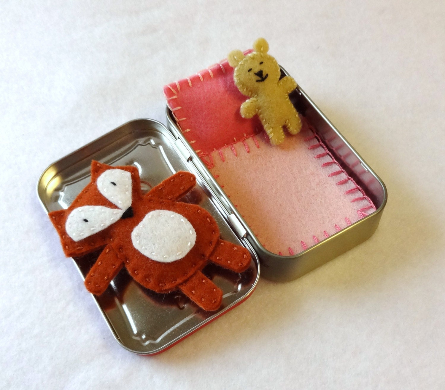 Fox in a Box with pink and red bedding - wool felt fox and teddy bear in Altoids Tin - made to order - EarthyMamaGoods