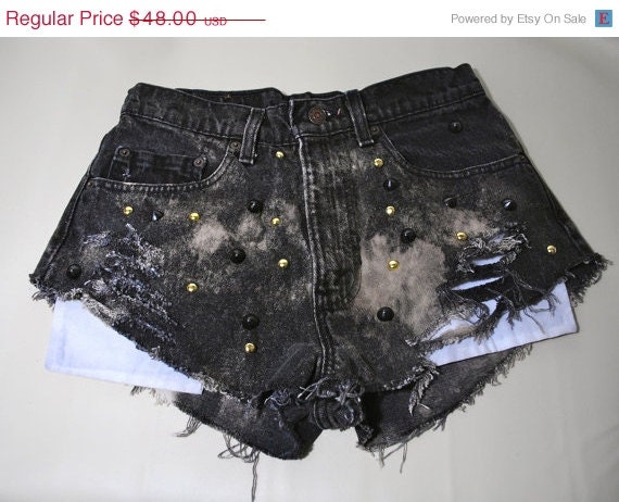 HALF OFF Vintage Bleached Destroyed High Waist Galaxy  Studded Black Denim shorts Levis