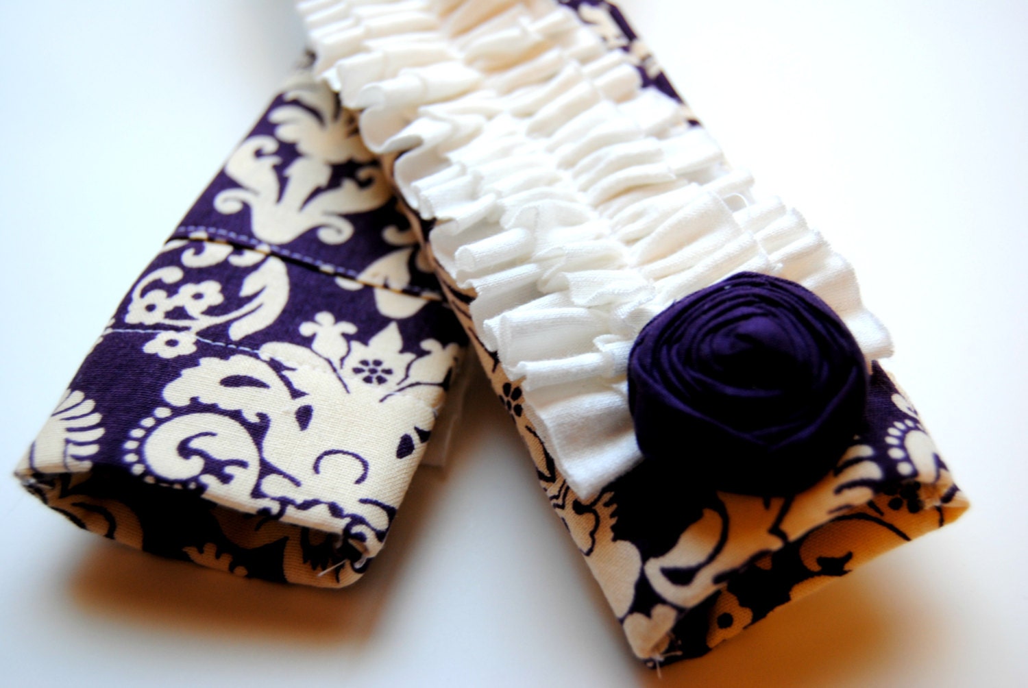 Camera Strap- DSLR Ruffle Camera Strap Cover- Purple Plum Damask with Lens Cap Pocket and Rosette Pin
