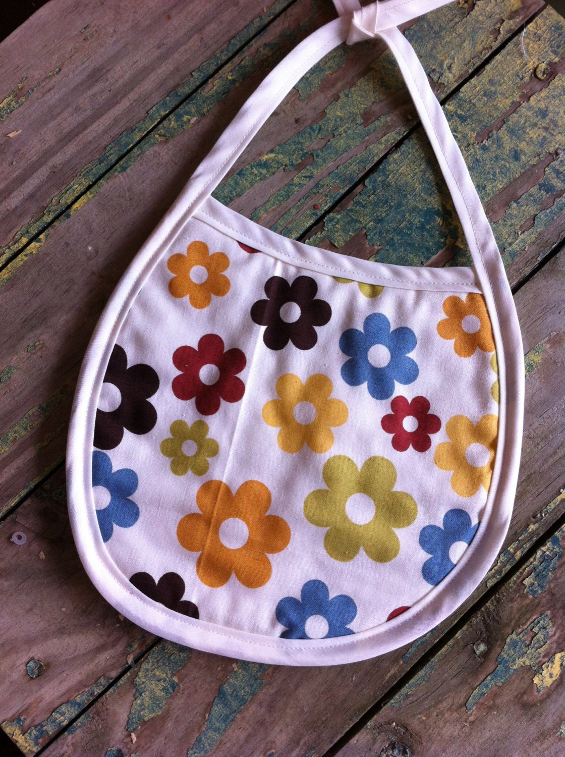 Baby Bib Floral Reversible Lined Cream Red Blue Yellow Green