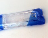 Fused glass mezuzah blue, clear iridescent, silver dichroic glass, gold painted Shen