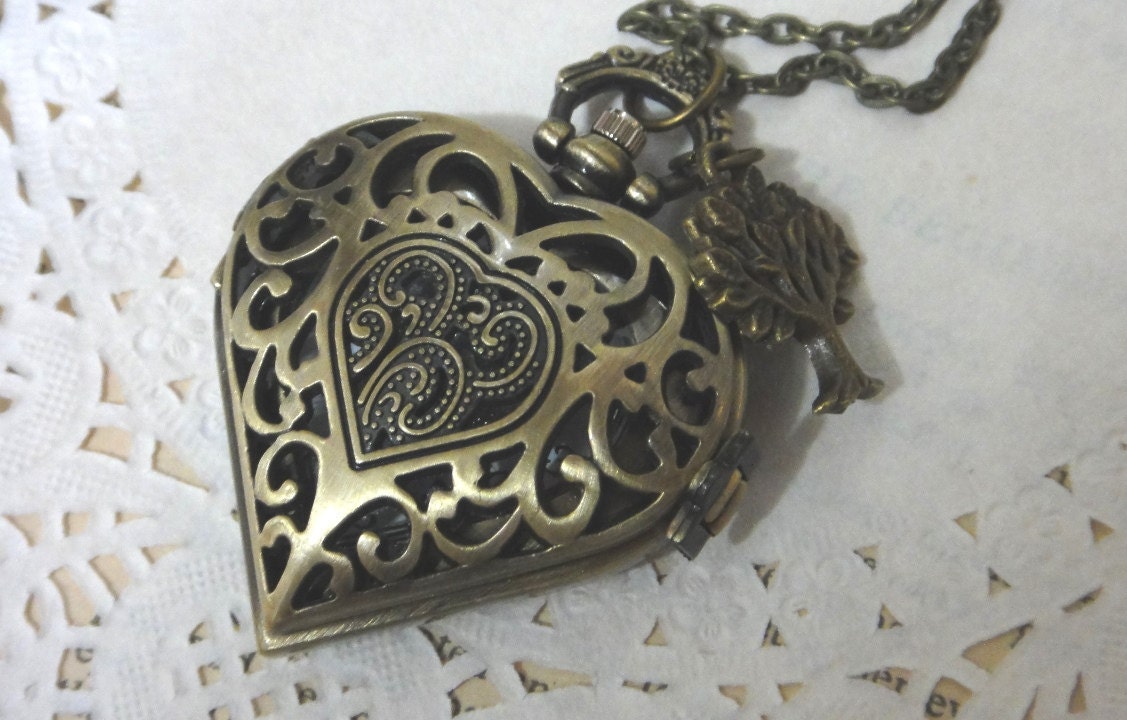 Steampunk Heart Pocket Watch LOVE  Necklace - with life tree pendant - Antique - Neo Victorian - Gifts
