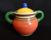 VINTAGE "Pacific Rim China" sugar bowl with lid - Santa Fe Pattern, bold colors of green, orange, blue, purple and yellow USA
