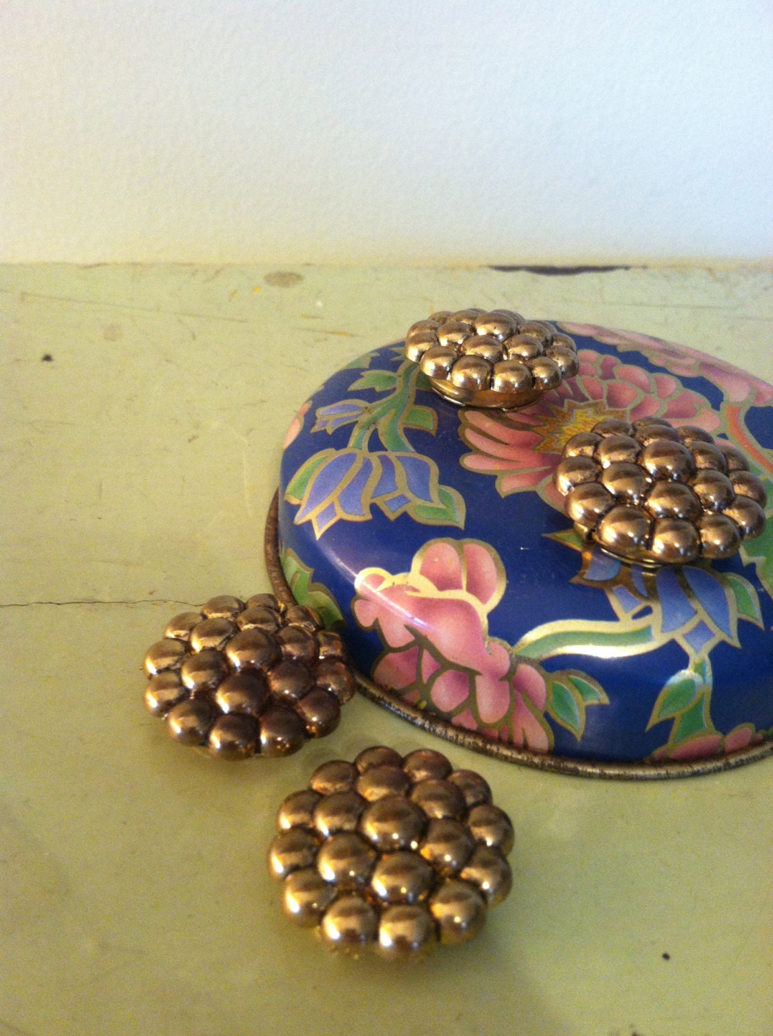 4 Vintage Brass Flower Button Covers