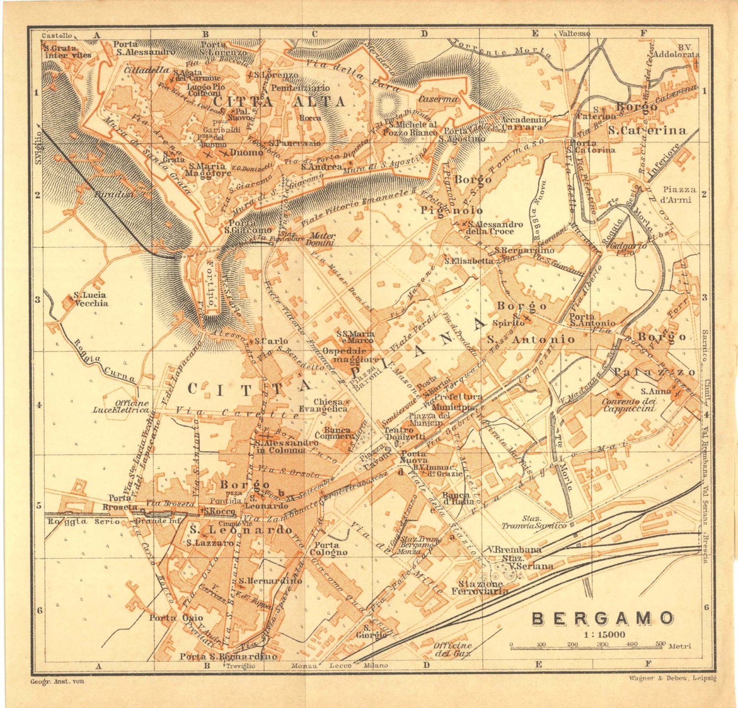 1913 Bergamo Vintage City Map  Baedeker  Town Plan Lithograph Italy