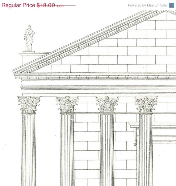 Ancient Roman Architecture 1842 Palladio Drawing Art Print, Temple of Mars, Four Books of Architecture
