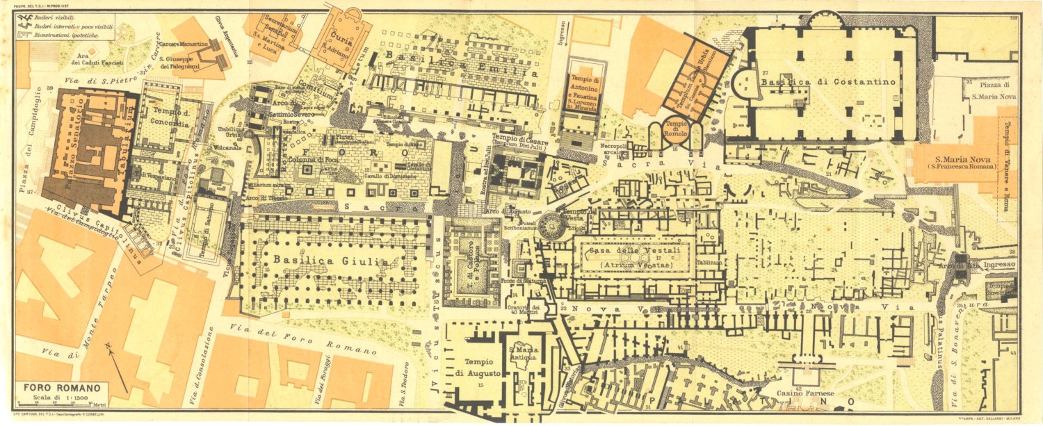 Vintage Map Roman Forum City Plan 1933 Classical Architecture Ancient Rome