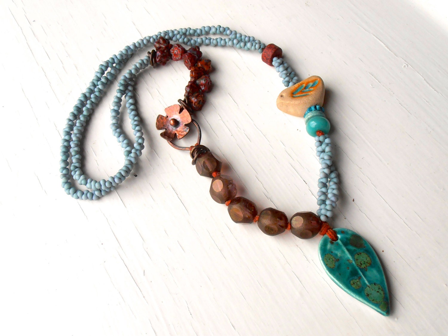 Spring Morn - leaf necklace, beaded necklace, bird necklace, unique necklace, bird jewellery, turquoise necklace, aqua necklace,