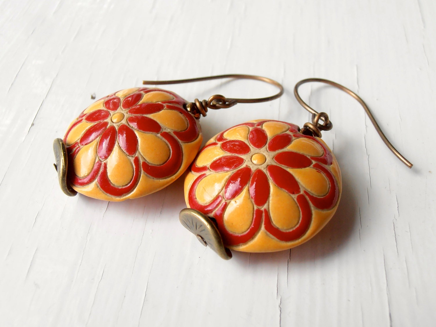 Folk - handmade earrings, yellow earrings, red earrings, flower earrings, ceramic earrings