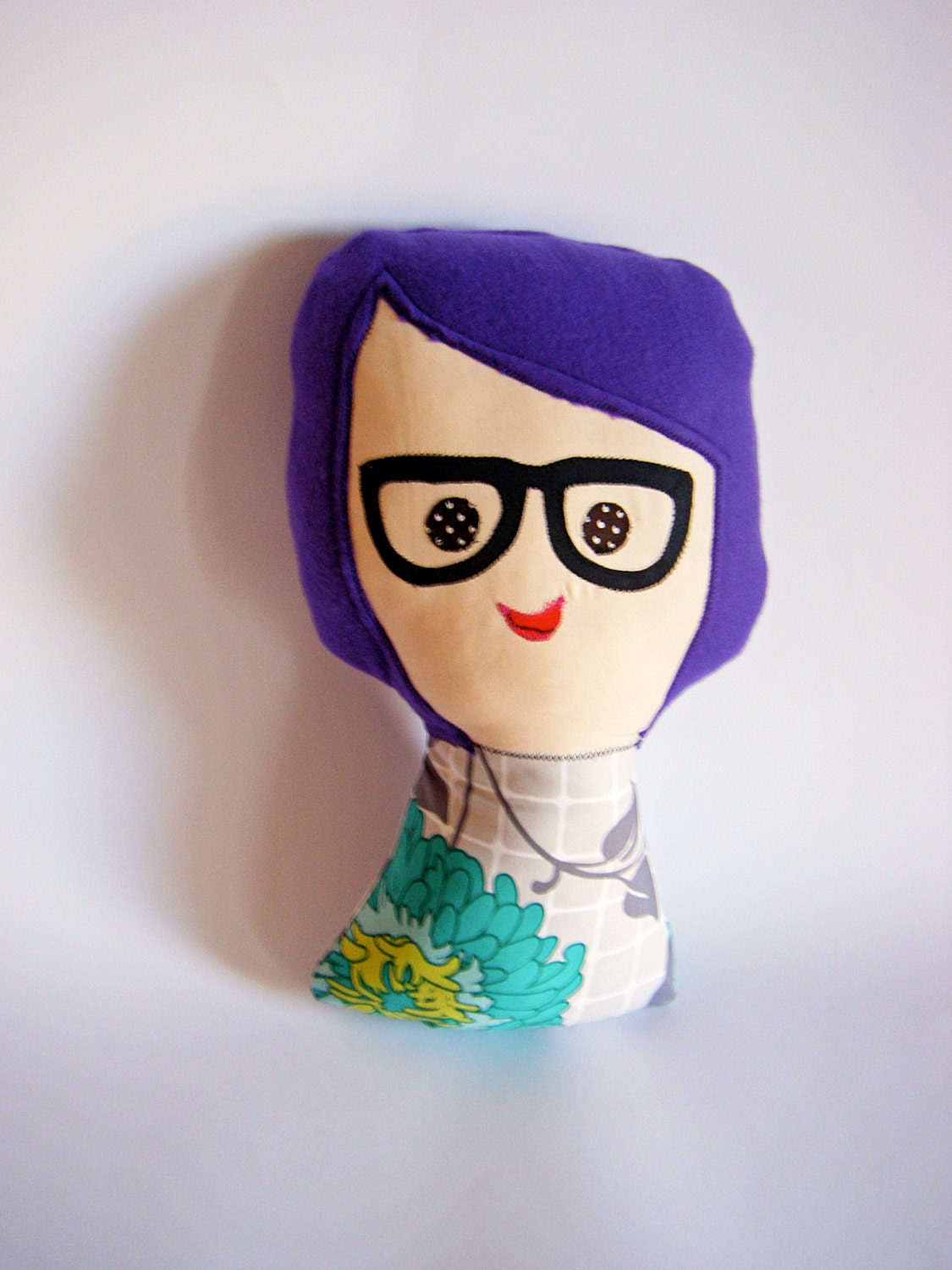 Plush Doll - Soft stuffed toy or cushion - "Nerdy Nadine" - purple turquoise - retro doll