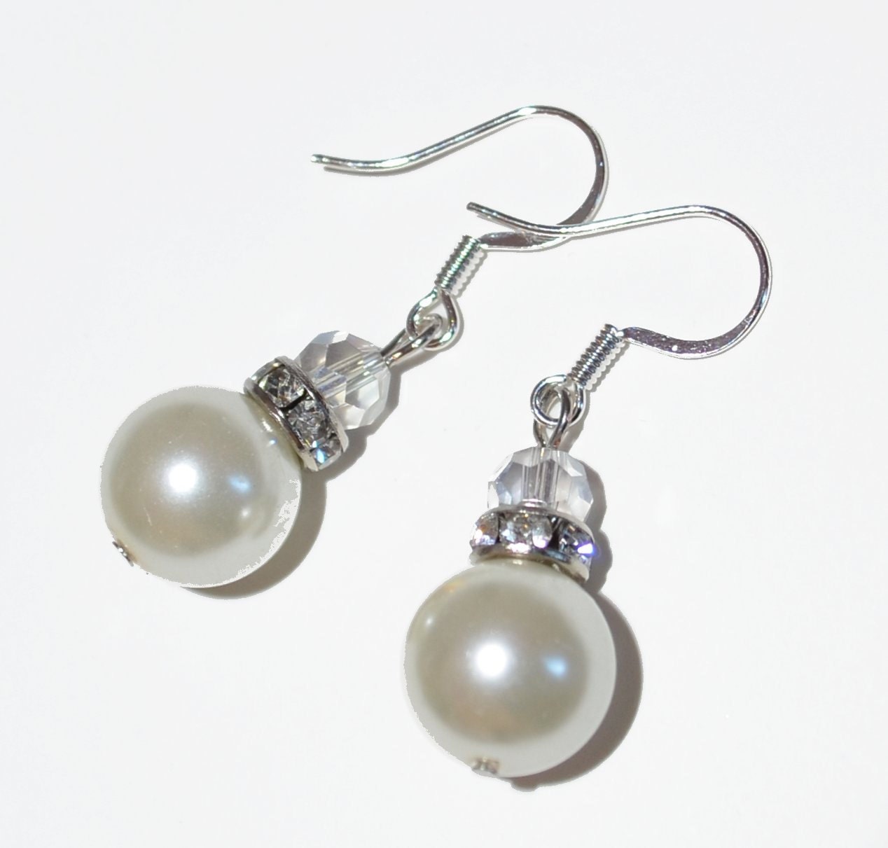 Wedding Earrings Pearl Rhinestone Sterling Silver Wire Earrings Dangle OOAK