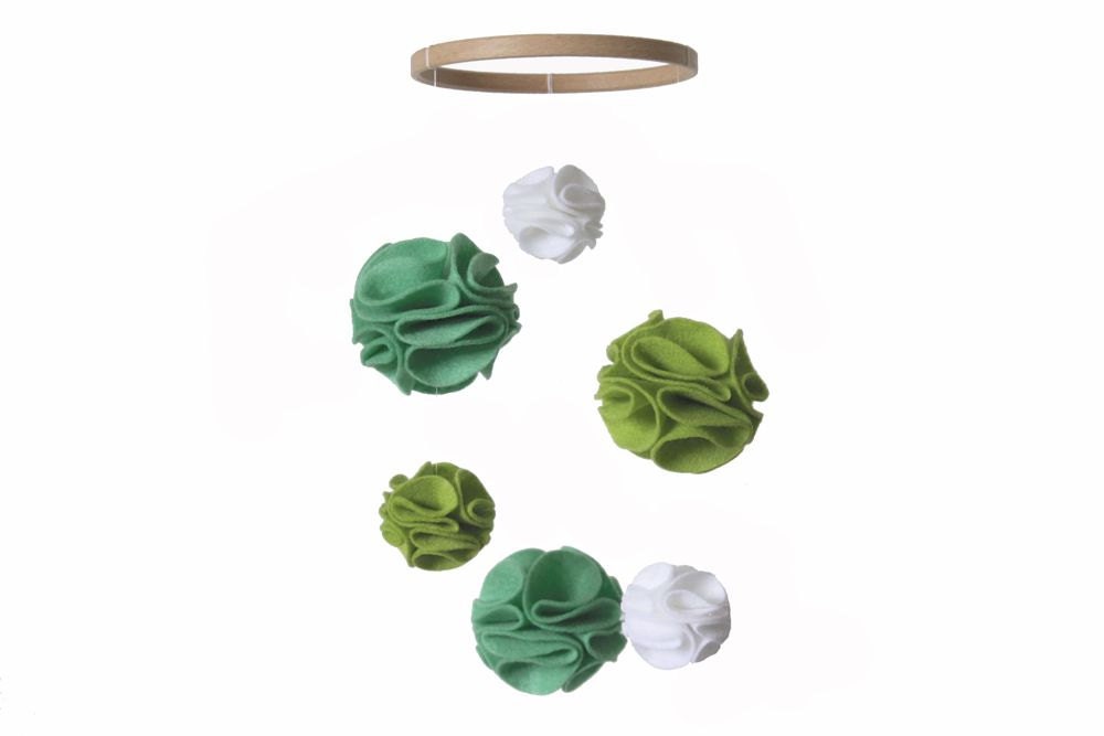 Spring Nursery Mobile - Green Mint Fern White - Pom Pom Baby Crib Mobile - Modern Nursery Mobile