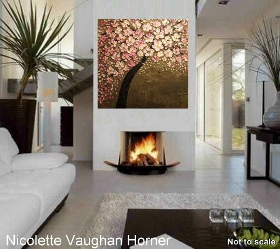 ORIGINAL HUGE Landscape Abstract  Pink Cherry Blossoms Oil Painting Thick Texture Gallery Fine Art -Nicolette Vaughan Horner