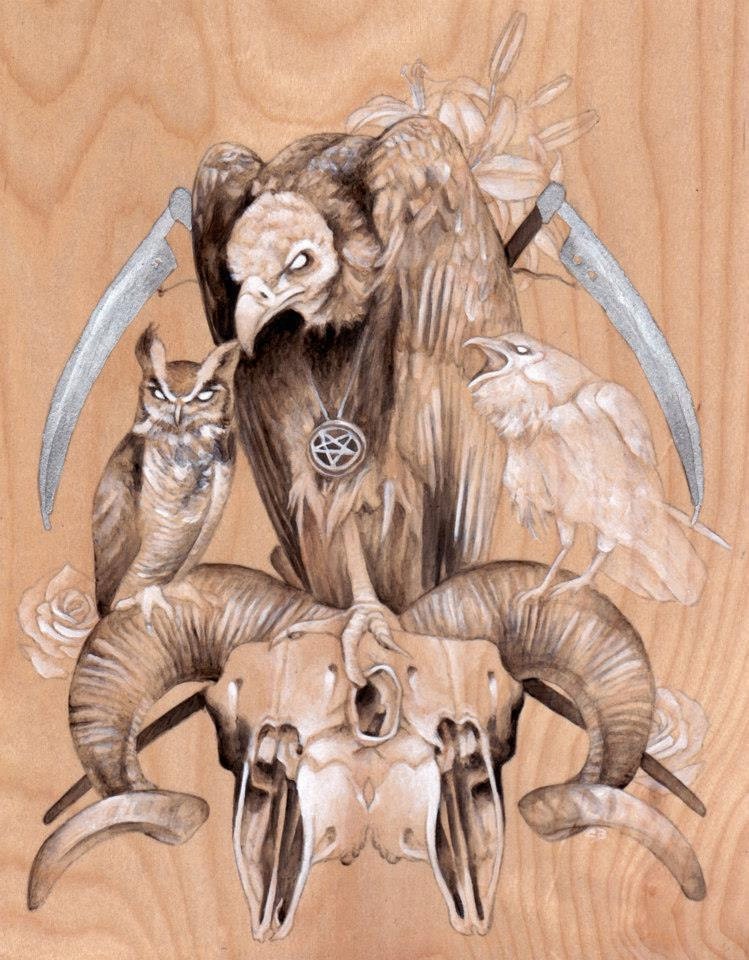The Reaper Carnival painting silver leaf skull Satan vulture owl crow scythe pentagram metal