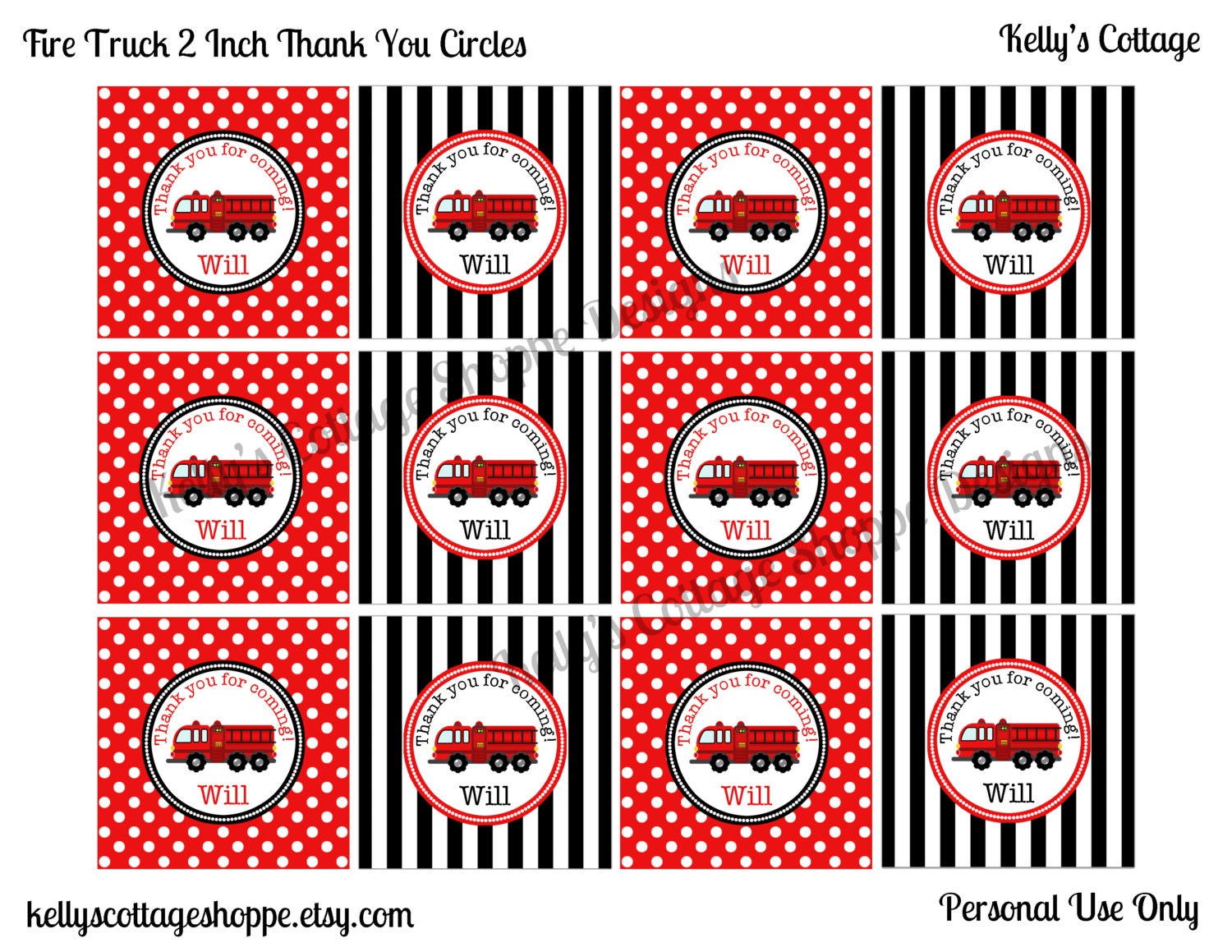 Fire Truck Birthday Party 2 Inch Thank You Circles... Custom, Printable.... Favor Tags