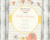 Chevron Baby Shower Invitation elephant Baby Shower Invitation gender neutral yellow and coral baby shower Invites (item109a)
