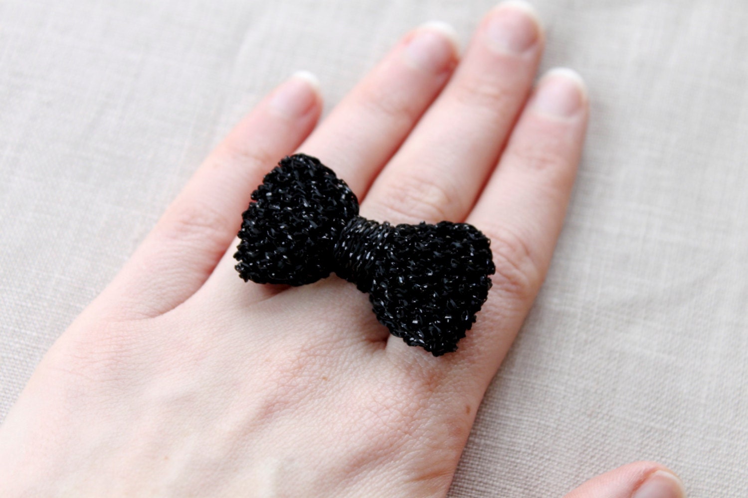 Bow Ring Knitted in Metallic Yarn, Adjustable Bow Ring, Knitted Bow