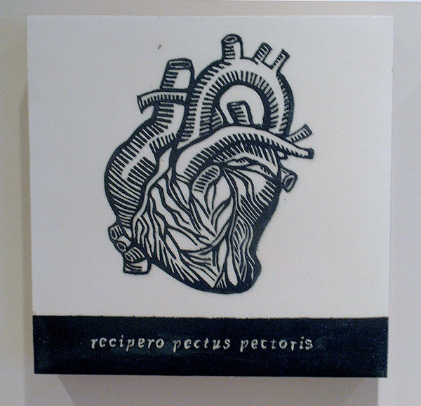 The Receptive Heart, Relief Print on Wood Panel, encaustic, anatomical heart, latin text, hand pulled print, original art