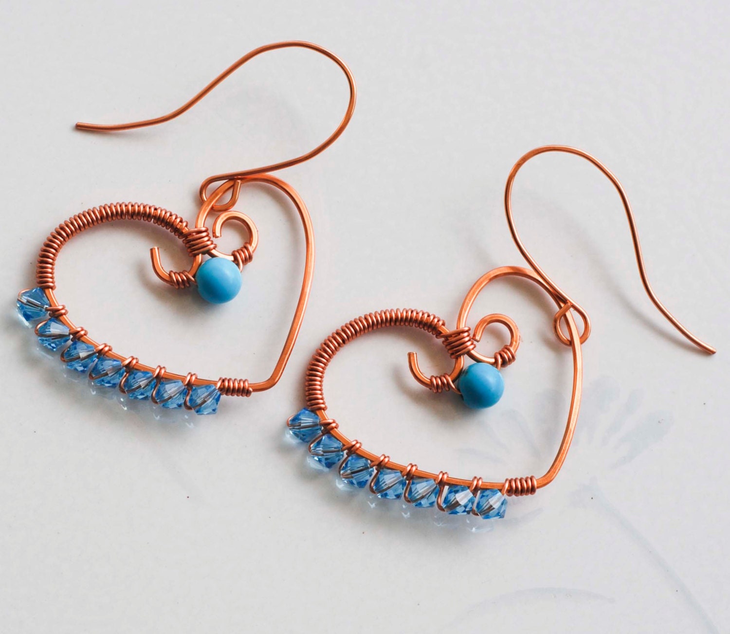 Turquoise Blue Swarovski Crystal Wire Wrap Heart Shape Love Valentine Earrings