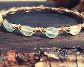 Full AQUAMARINE Guitar String Bangle Bracelet.  Gold Wire Wrapped Semi-Precious Beads.  March Birthstone