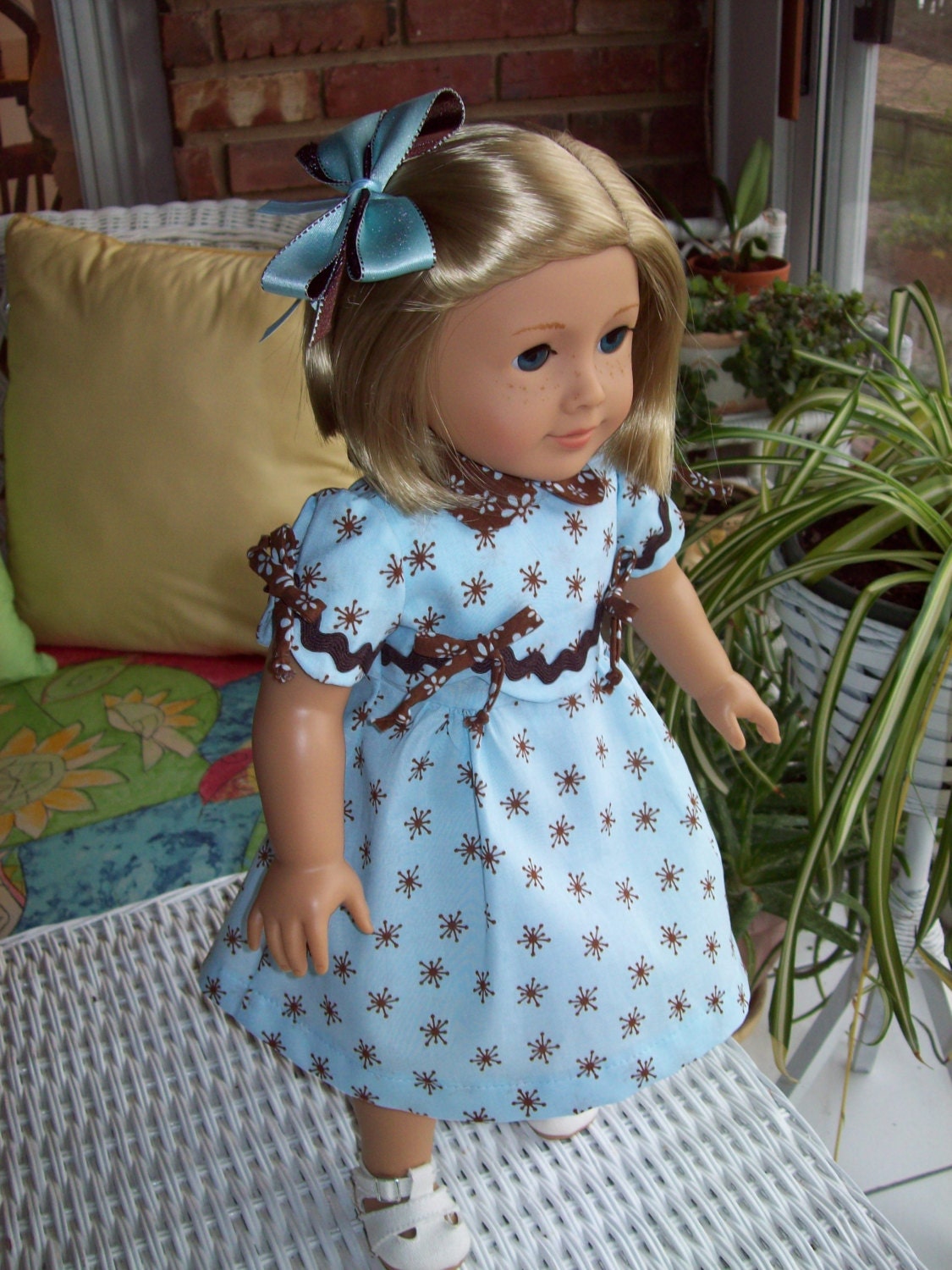 American Girl Doll  18 inch doll dress and  ribbon hair clip Brown and blue print