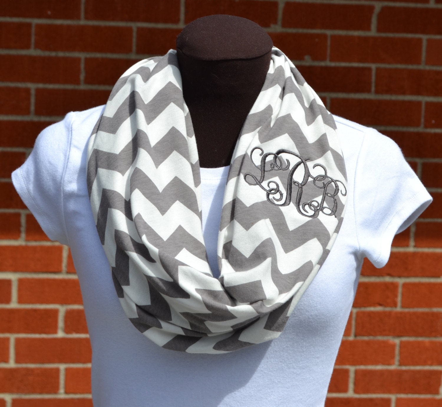 Monogrammed Chevron Infinity Scarf Gray and White Knit Jersey