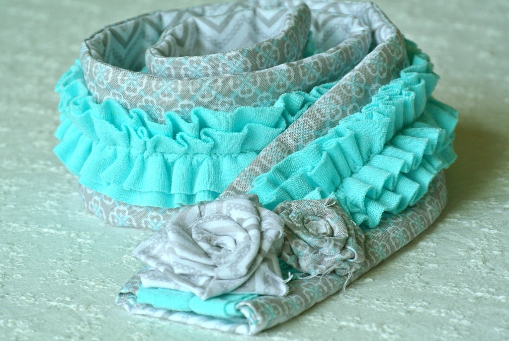 DSLR Camera Strap Cover Teal Ruffle and Grey and White Chevron with Rosettes
