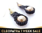 Champagne Pearl Earrings, Black Beaded Earrings, Dangle Earrings, Luxe Earrings, OOAK Earrings, Handmade by JeannieRichard