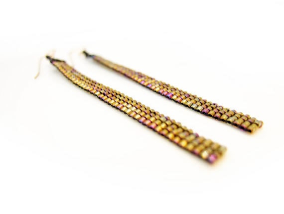 Gold Tassel Earrings, Gold Beaded Earrings, Metallic Gold Earrings, Dangle Earrings, OOAK Earrings, Handmade by JeannieRichard