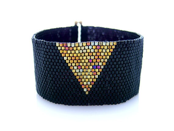 Black Cuff Bracelet, Beaded Bracelet, Gold Triangle Arrow Cuff, Geometric Beaded Cuff, Art Deco Bracelet, Handmade by JeannieRichard