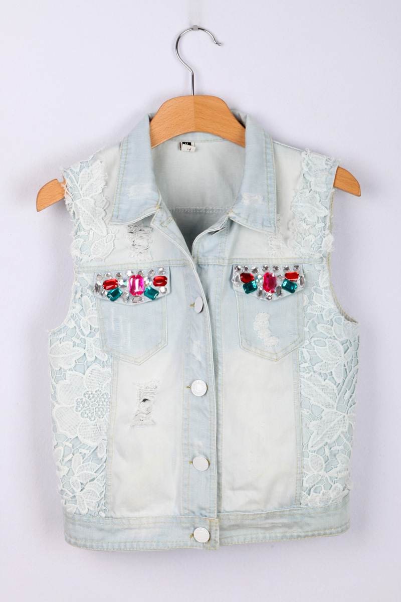Lace jewel Vintage denim sleeveless jacket/ vest