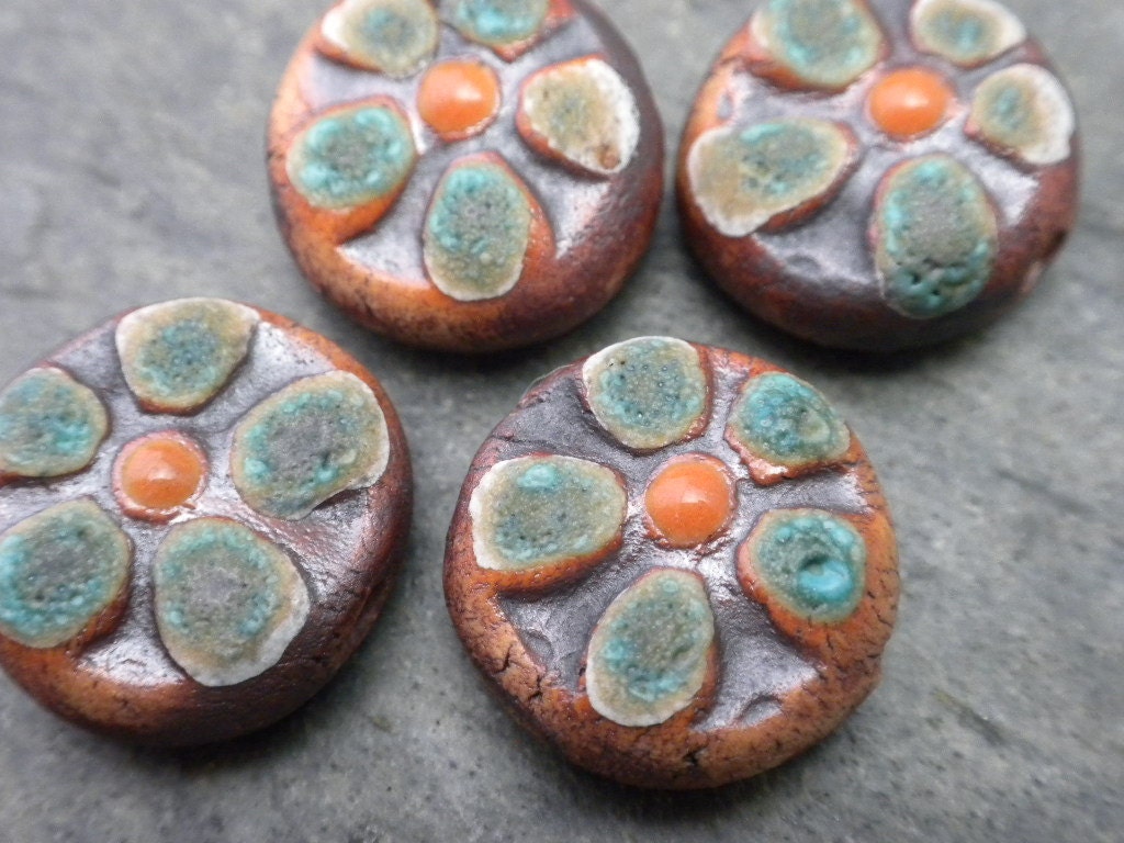 Rustic Bloom Beads- handmade small single ceramic flower bead cantaloupe 3284