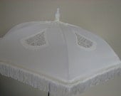 VICTORIAN PARASOL in White Satin Accented with Vintage French Cut Out Appliques and Loop Fringe