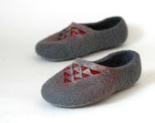 Felted slippers - Geometric Triangle Red on Grey Unisex