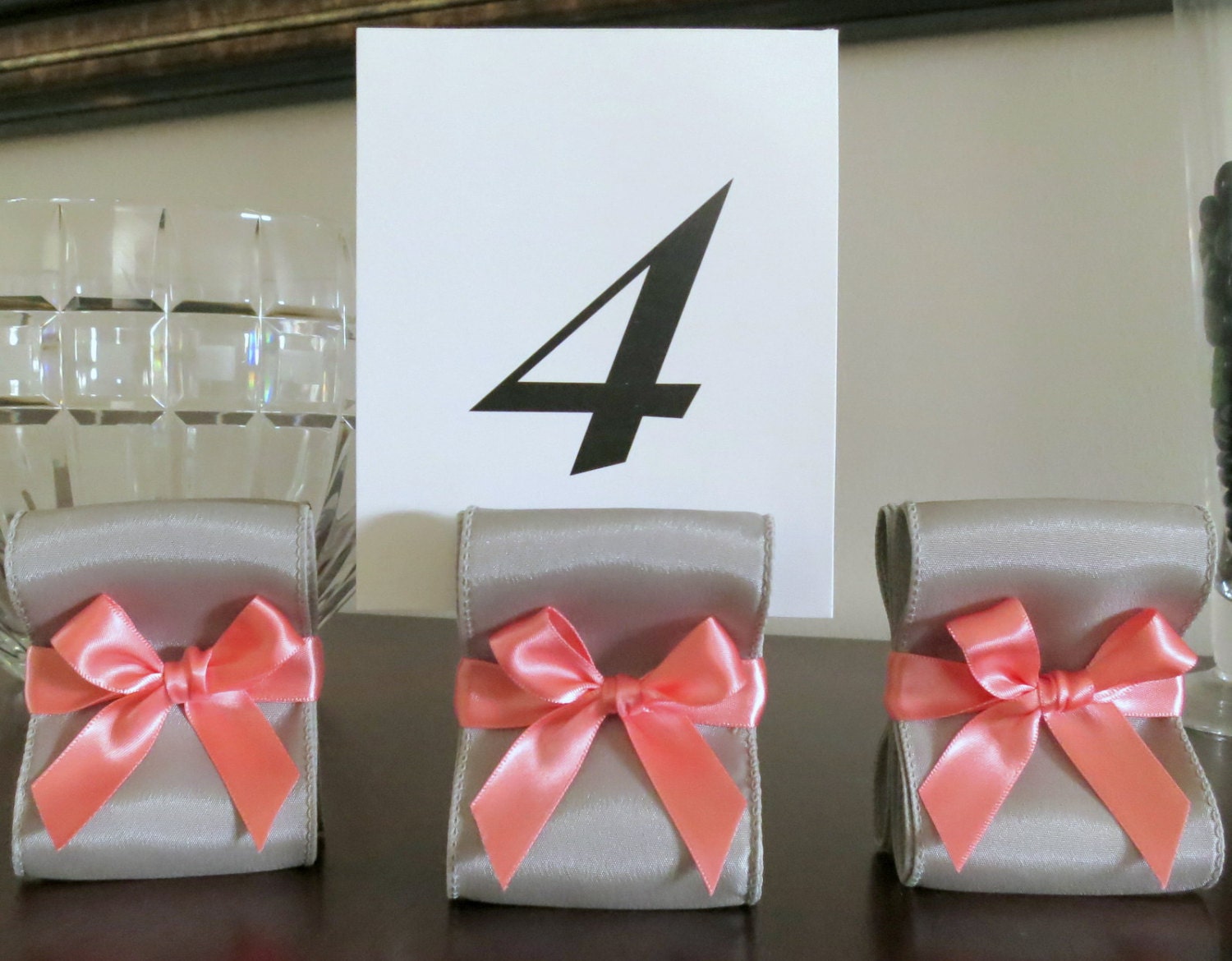 Table Number Holders - Wedding Decor - Ten (10) with Silver and Coral Satin Ribbon - Customize Your Colors