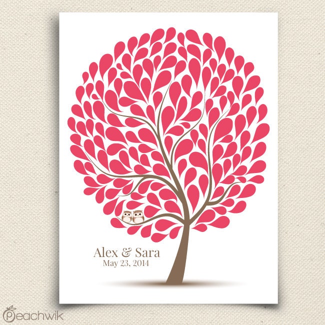 Unique Owl Guest Book Alternative - The Hootwik - A Peachwik Personalized Art Print - 150 guest sign in - Companion Owls in a Tree