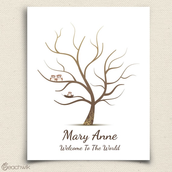 Fingerprint Baby Shower Tree - Thumb Print Guest Book -  Companion Owls and Nested Baby Owl - 50 Signatures - Owletta - A Peachwik Print