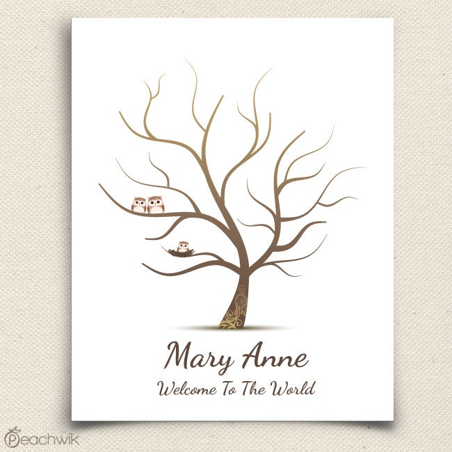 Fingerprint Baby Shower Tree - Thumb Print Guest Book -  Companion Owls and Nested Baby Owl - 50 Signatures - Owletta - A Peachwik Print