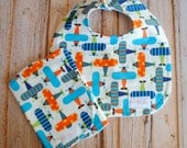Baby Boy Bib & Burp Cloth Set- Vintage Snap Bib and Burp Cloth- Ready Set Go Airplanes- Organic Cotton