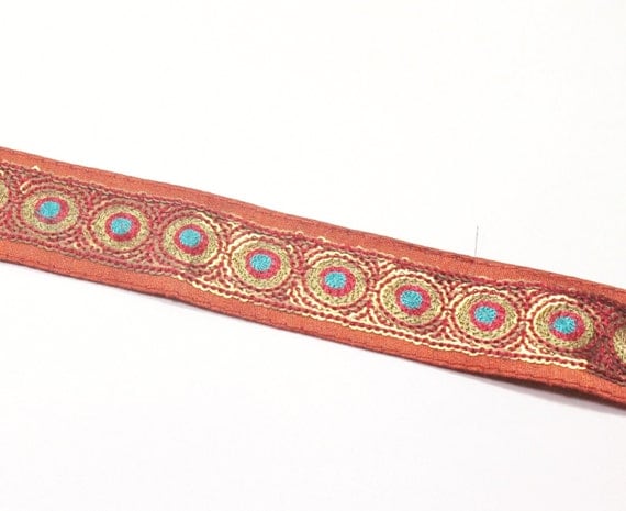 Sequined Embroidered Fabric Ribbon Trim Gold on Rust Color Silk Fabric, 2 yards