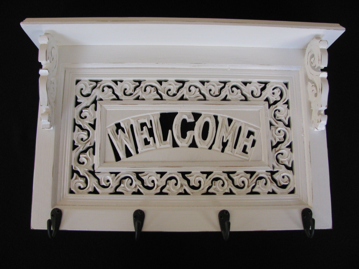 Wood Scroll Carved White Distressed Welcome Sign