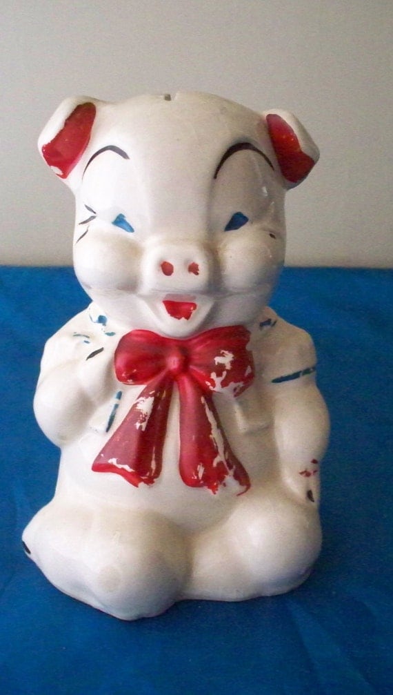 Antique Piggy Bank Pottery Hand Decorated Red Tie 1940's