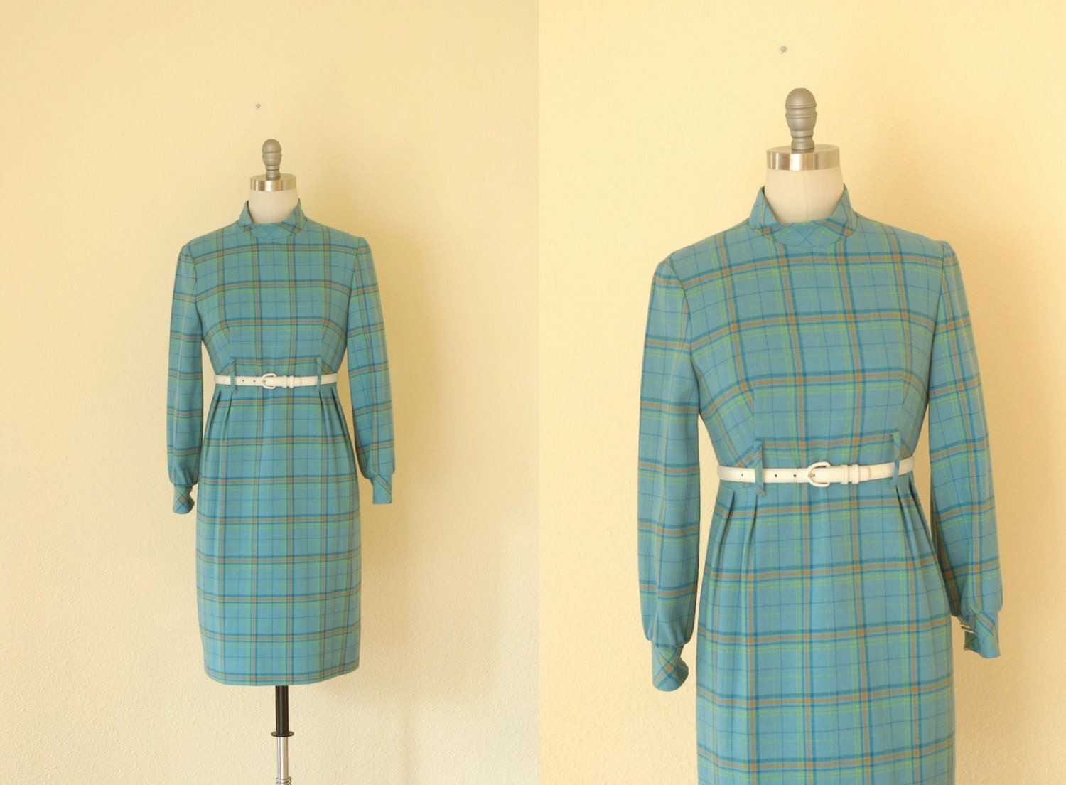 vintage 1960s pendleton dress / 60s blue wool plaid dress / size small